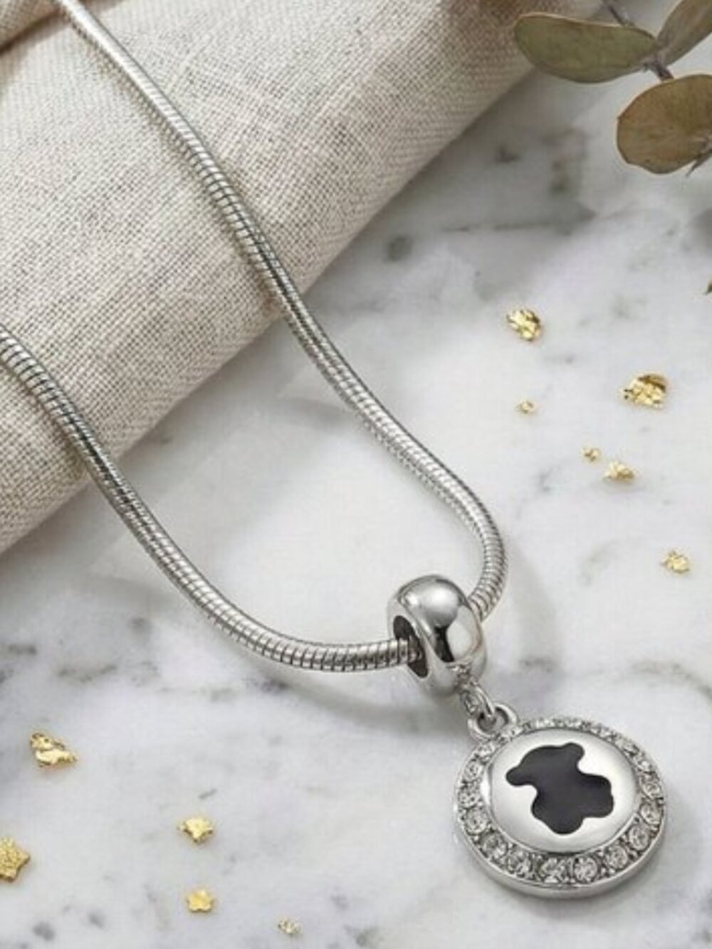 18K White Gold Plated Black Bear Charm CZ Halo Whimsigoth Snake Chain Necklace